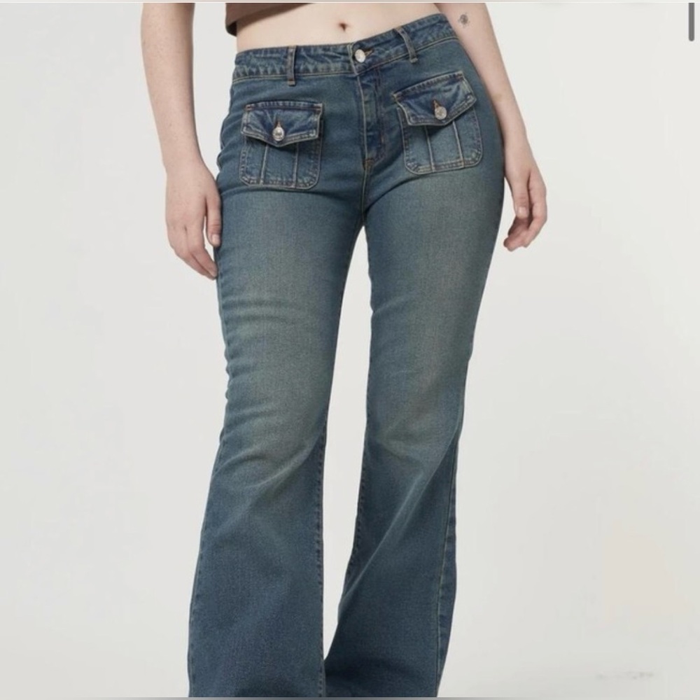 Y2K Minga London Women's Waist Denim Flare Jeans with Front Pockets size 2 (26”)
